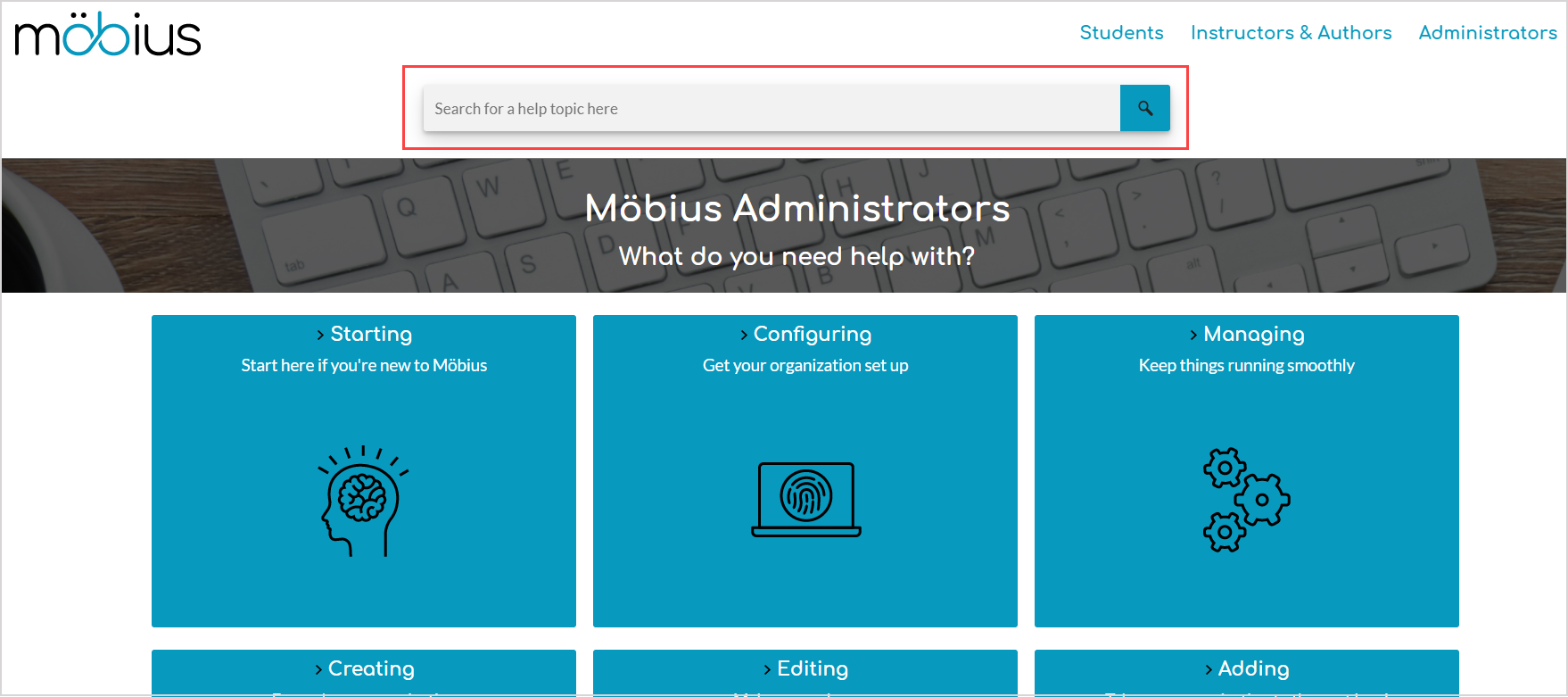 There's a search bar at the top of the Mobius Administrator Online Help page.